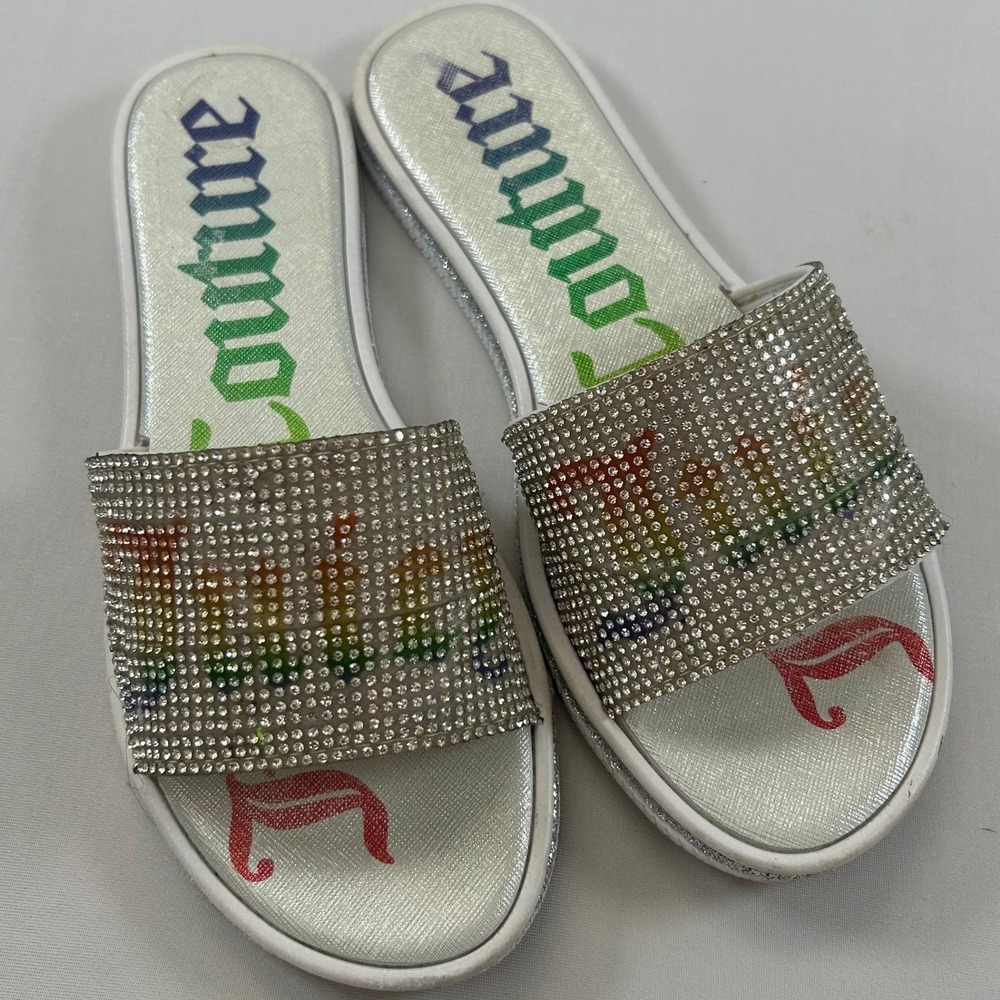 Juicy Couture Sandals Yonder Bling‎ Slides Womens 7 White Rainbow Rhinestone Y2K